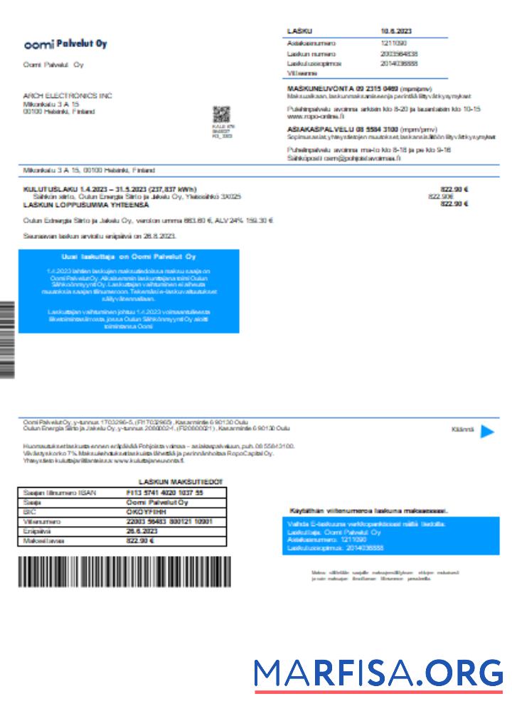 Printable Oomi Palvelut Oy electricity utility business bill, SCR example